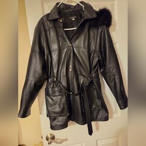 Halston Hooded Black Leather Belted Jacket with Fur Trim Medium LIKE NEW